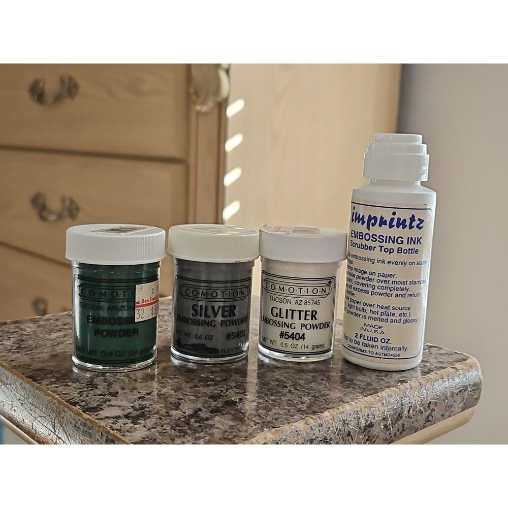 Lot Of 3 New Comotion Embossing Powders .6 oz - Silver, Green & Glitter Plus Ink